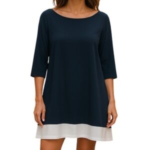 TAHARI Midnight Navy Blue Midi Shift Dress Bateau  Neck White Trim 3/4 Sleeves L